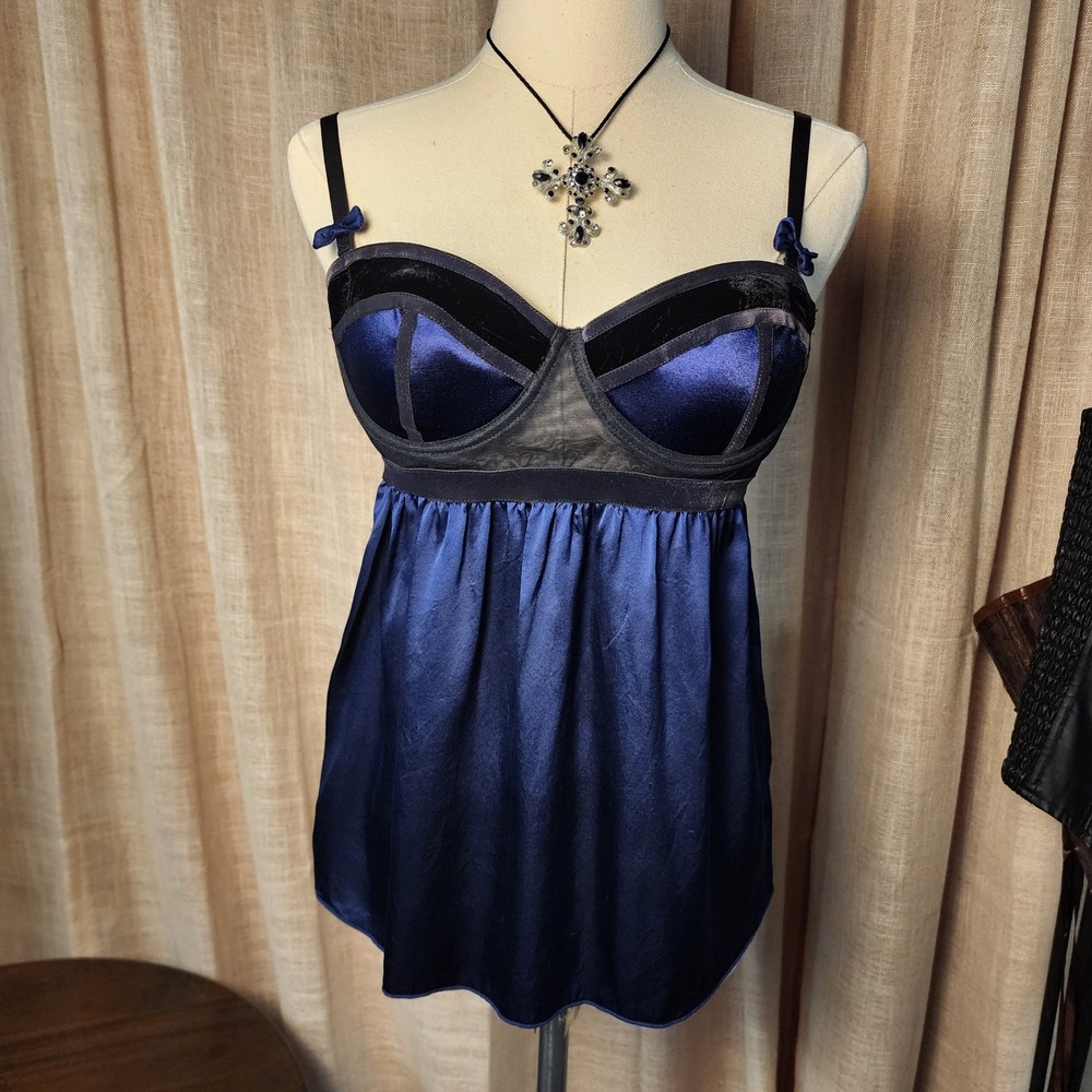 Bebe Babydoll Camisole Size M Navy Blue Silk Black Velvet Mesh Underwire Top